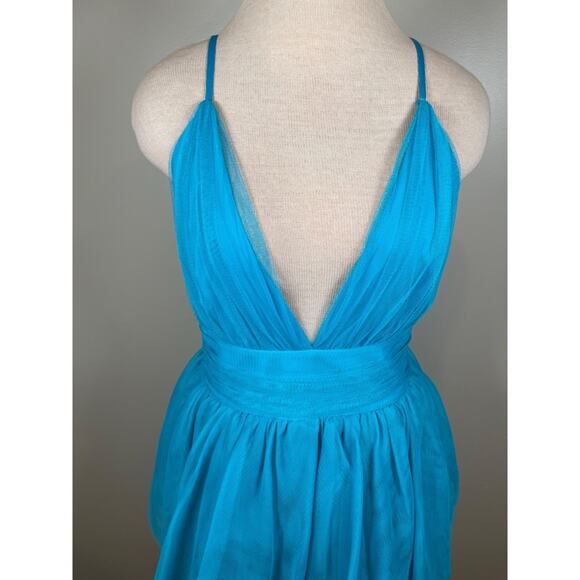 Alice + Olivia Doja V Neck Tulle High Low Tiered Blue Maxi Gown Size 8 - Picture 6 of 16